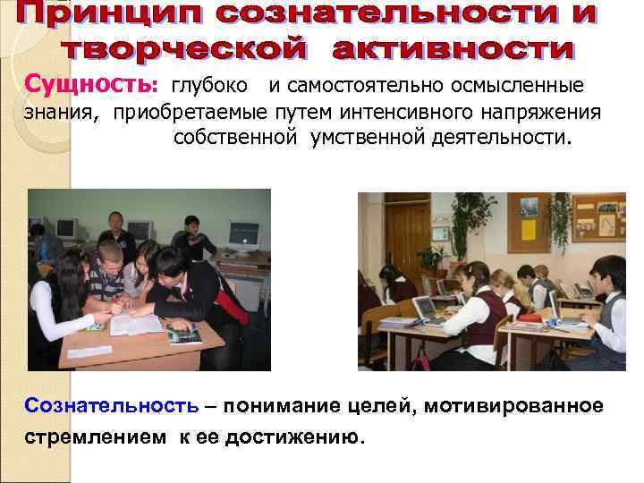 Сущность: глубоко и самостоятельно осмысленные знания, приобретаемые путем интенсивного напряжения собственной умственной деятельности. Сознательность
