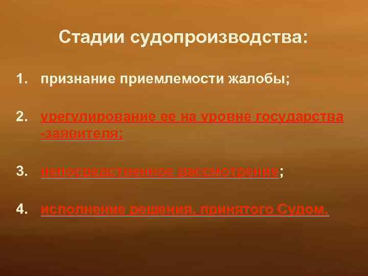 Стадии судопроизводства: 1. признание приемлемости жалобы; 2. урегулирование ее на уровне государства -заявителя; 3.