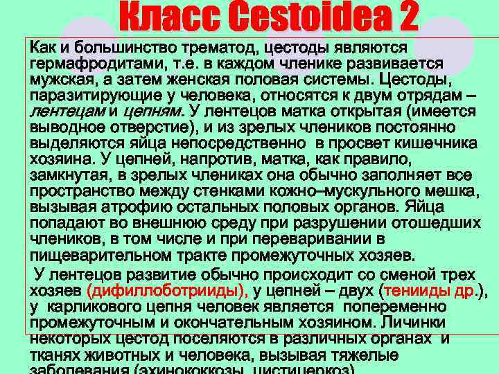 Как и большинство трематод, цестоды являются гермафродитами, т. е. в каждом членике развивается мужская,