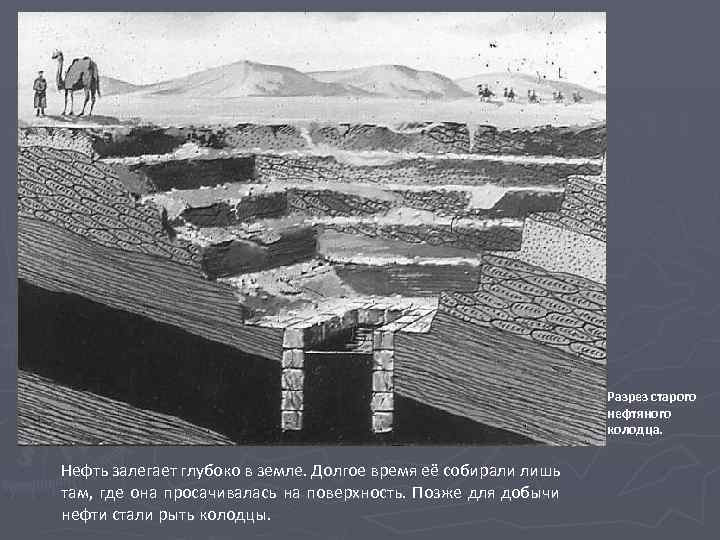 Разрез старого нефтяного колодца. Нефть залегает глубоко в земле. Долгое время её собирали лишь