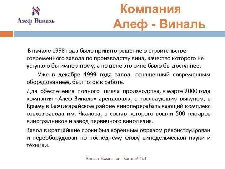 Компания Алеф - Виналь В начале 1998 года было принято решение о строительстве