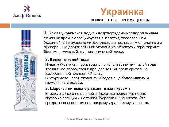  Украинка КОНКУРЕНТНЫЕ ПРЕИМУЩЕСТВА 1. Самая украинская водка - подтверждено исследованиями Украинка прочно ассоциируется