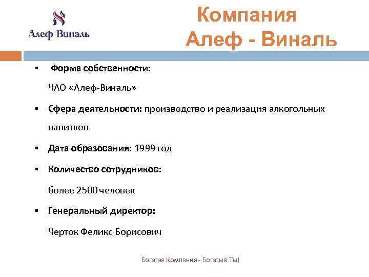  Компания Алеф - Виналь § Форма собственности: ЧАО «Алеф-Виналь» § Сфера деятельности: производство