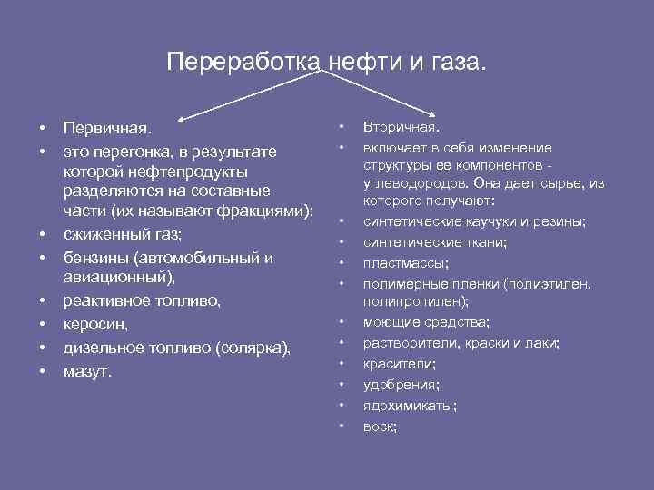 Переработка нефти и газа. • • Первичная. это перегонка, в результате которой нефтепродукты разделяются