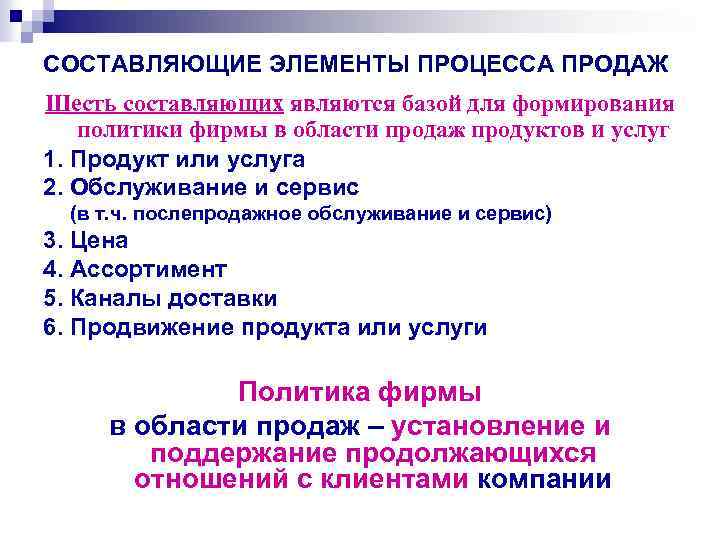 СОСТАВЛЯЮЩИЕ ЭЛЕМЕНТЫ ПРОЦЕССА ПРОДАЖ Шесть составляющих являются базой для формирования политики фирмы в области