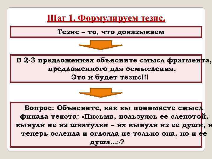 Шаг 1. Формулируем тезис. Тезис – то, что доказываем В 2 -3 предложениях объясните