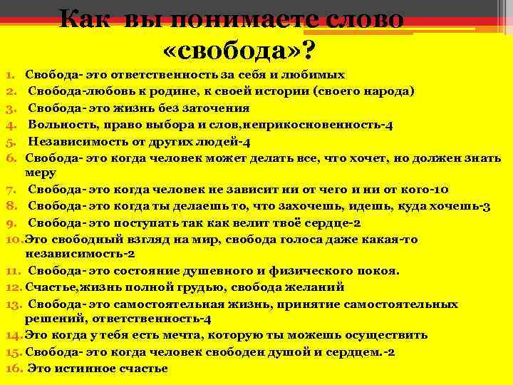 Как вы понимаете слово «свобода» ? 1. 2. 3. 4. 5. 6. Свобода- это