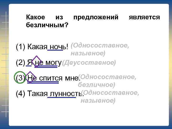 Укажите предложение структура которого соответствует схеме безличное и двусоставное