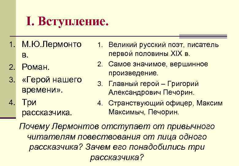 I. Вступление. 1. М. Ю. Лермонто 1. Великий русский поэт, писатель в. 2. Роман.