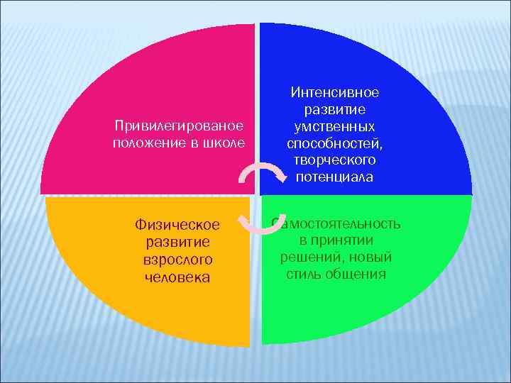 Привилегированое положение в школе Интенсивное развитие умственных способностей, творческого потенциала Физическое развитие взрослого человека
