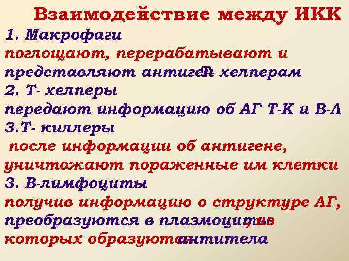 Взаимодействие между ИКК 1. Макрофаги поглощают, перерабатывают и представляют антиген хелперам Т 2. Т-
