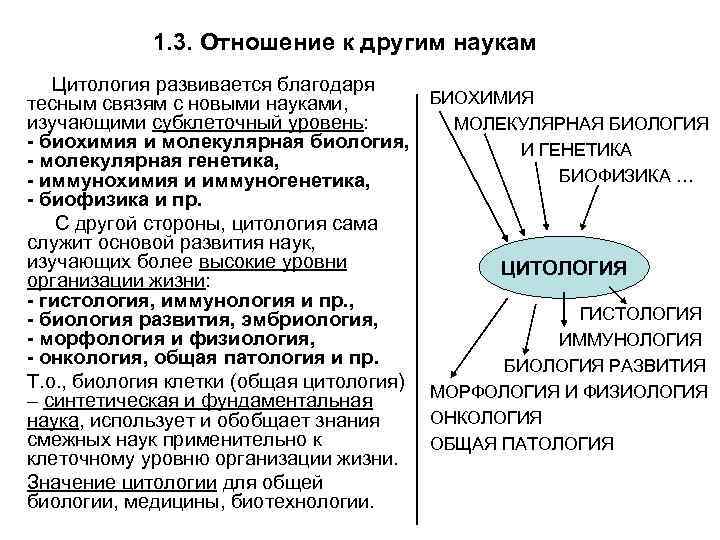 1. 3. Отношение к другим наукам Цитология развивается благодаря тесным связям с новыми науками,