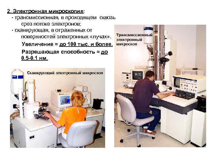 2. Электронная микроскопия: - трансмиссионная, в проходящем сквозь срез потоке электронов; - сканирующая, в