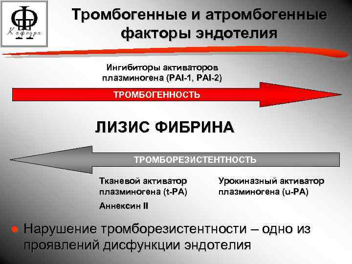 Тромбогенные и атромбогенные факторы эндотелия Ингибиторы активаторов плазминогена (PAI-1, PAI-2) ТРОМБОГЕННОСТЬ ЛИЗИС ФИБРИНА ТРОМБОРЕЗИСТЕНТНОСТЬ