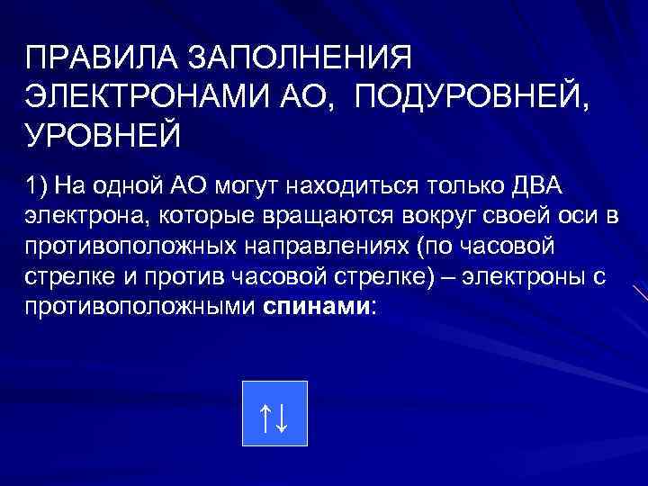 ПРАВИЛА ЗАПОЛНЕНИЯ ЭЛЕКТРОНАМИ АО, ПОДУРОВНЕЙ, УРОВНЕЙ 1) На одной АО могут находиться только ДВА