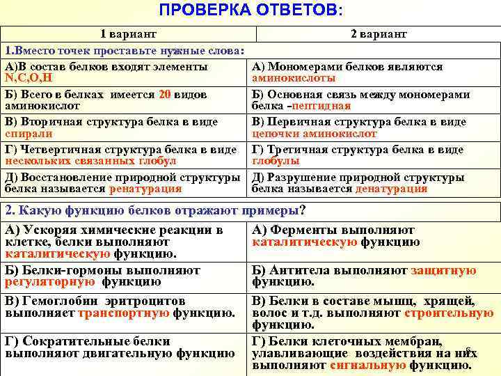 ПРОВЕРКА ОТВЕТОВ: 1 вариант 1. Вместо точек проставьте нужные слова: А)В состав белков входят