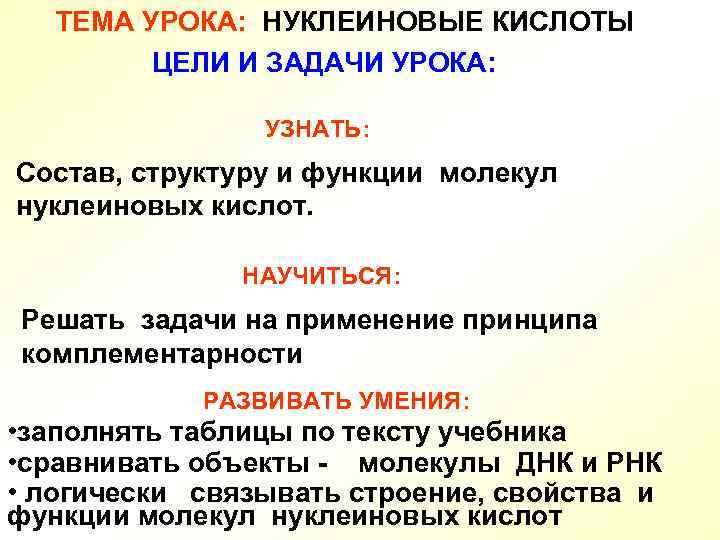 ТЕМА УРОКА: НУКЛЕИНОВЫЕ КИСЛОТЫ ЦЕЛИ И ЗАДАЧИ УРОКА: УЗНАТЬ: Состав, структуру и функции молекул