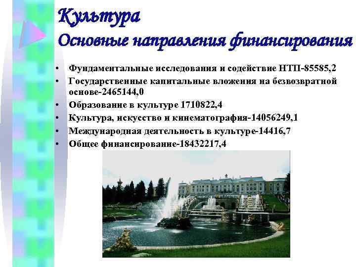 Культура Основные направления финансирования • Фундаментальные исследования и содействие НТП-85585, 2 • Государственные капитальные