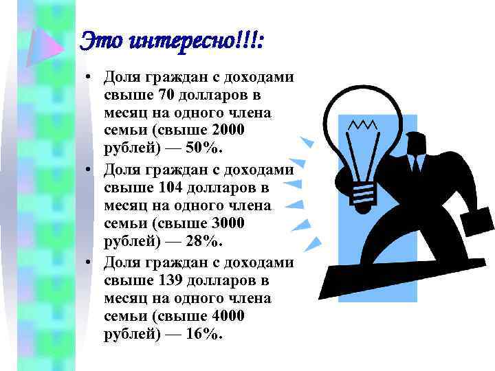 Это интересно!!!: • Доля граждан с доходами свыше 70 долларов в месяц на одного
