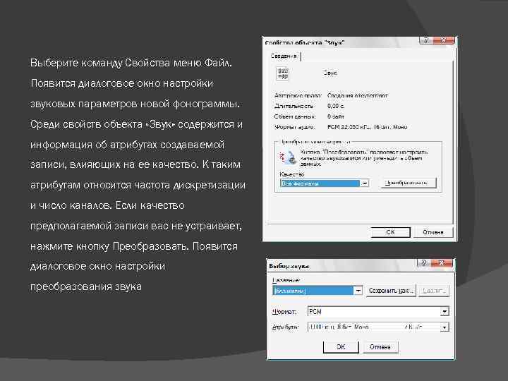 Выберите команду Свойства меню Файл. Появится диалоговое окно настройки звуковых параметров новой фонограммы. Среди