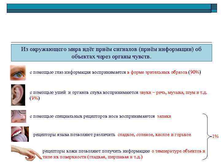 Из окружающего мира идёт приём сигналов (приём информации) об объектах через органы чувств. с