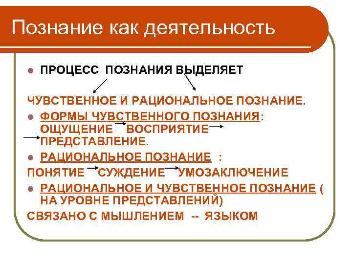 Познание как деятельность l ПРОЦЕСС ПОЗНАНИЯ ВЫДЕЛЯЕТ ЧУВСТВЕННОЕ И РАЦИОНАЛЬНОЕ ПОЗНАНИЕ. l ФОРМЫ ЧУВСТВЕННОГО