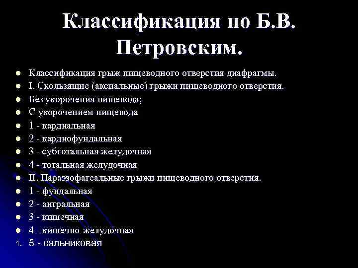 Классификация по Б. В. Петровским. l l l l 1. Классификация грыж пищеводного отверстия