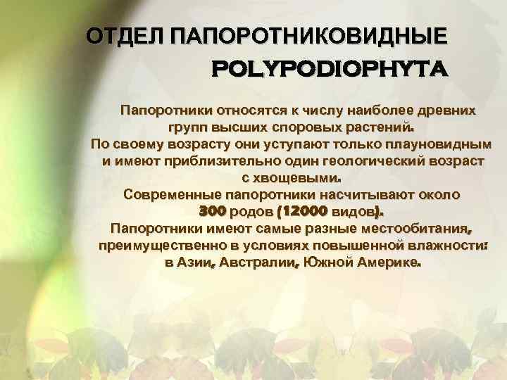 ОТДЕЛ ПАПОРОТНИКОВИДНЫЕ POLYPODIOPHYTA Папоротники относятся к числу наиболее древних групп высших споровых растений. По