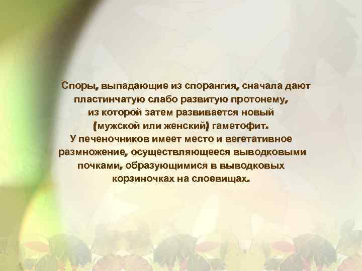 Споры, выпадающие из спорангия, сначала дают пластинчатую слабо развитую протонему, из которой затем развивается