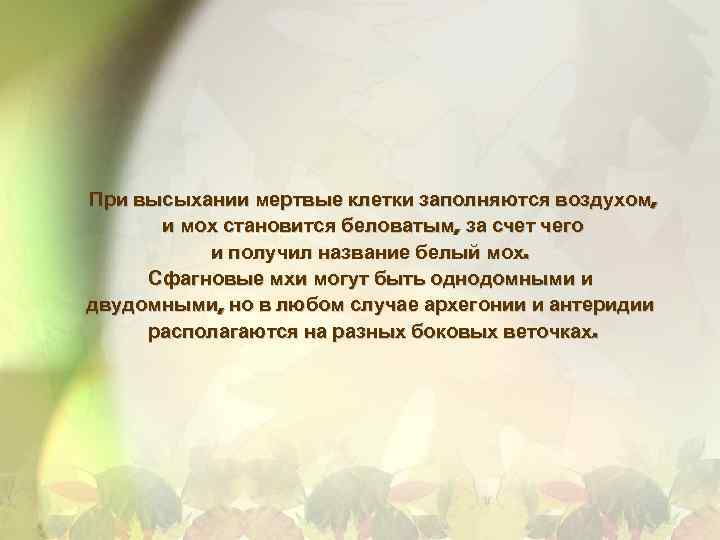 При высыхании мертвые клетки заполняются воздухом, и мох становится беловатым, за счет чего и
