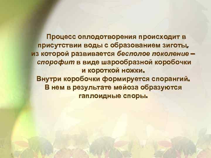 Процесс оплодотворения происходит в присутствии воды с образованием зиготы, из которой развивается бесполое поколение