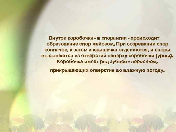 Внутри коробочки - в спорангии - происходит образование спор мейозом. При созревании спор колпачок,
