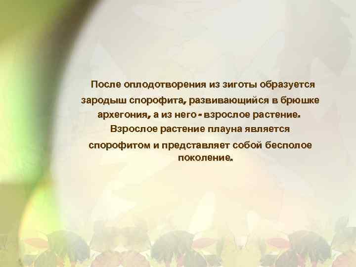 После оплодотворения из зиготы образуется зародыш спорофита, развивающийся в брюшке архегония, а из него