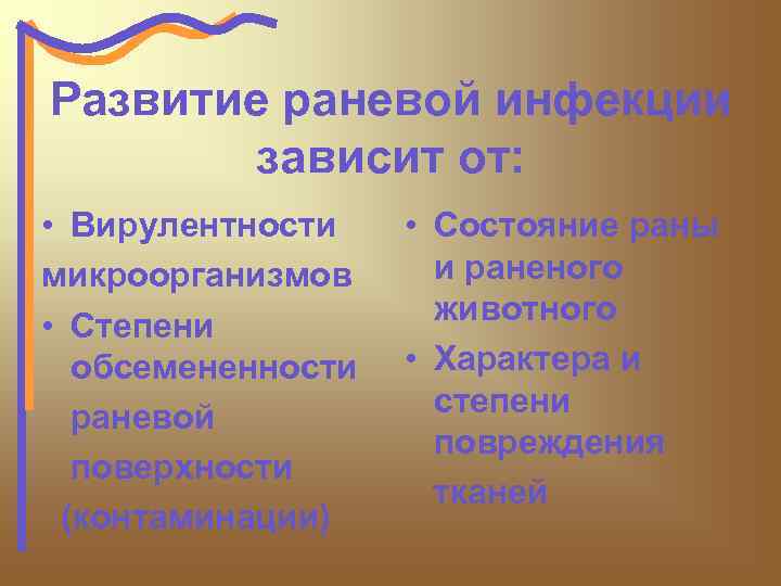 Развитие раневой инфекции зависит от: • Вирулентности микроорганизмов • Степени обсемененности раневой поверхности (контаминации)
