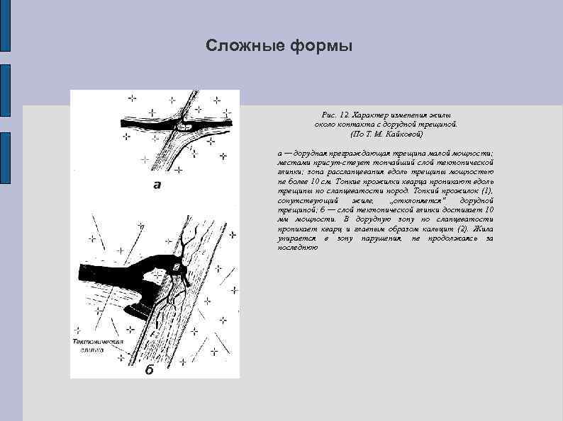 Сложные формы Рис. 12. Характер изменения жилы около контакта с дорудной трещиной. (По Т.
