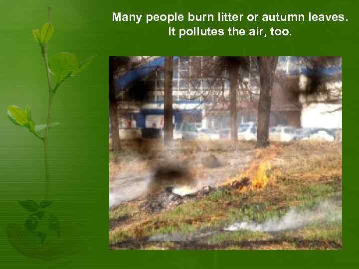 Many people burn litter or autumn leaves. It pollutes the air, too. 