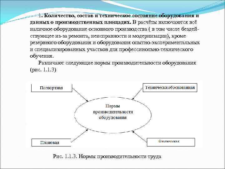 1. Количество, состав и техническое состояние оборудования и данных о производственных площадях. В расчёты