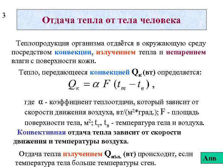 3 Отдача тепла от тела человека Теплопродукция организма отдаётся в окружающую среду посредством конвекции,