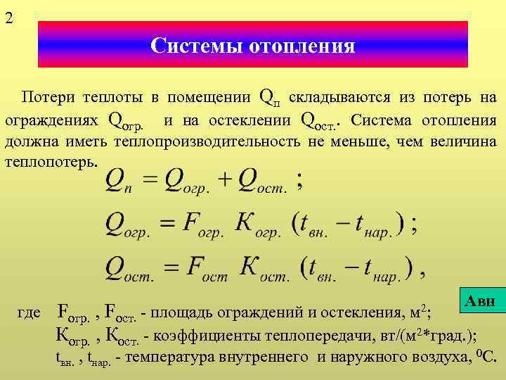 2 Системы отопления Потери теплоты в помещении Qп складываются из потерь на ограждениях Qогр.
