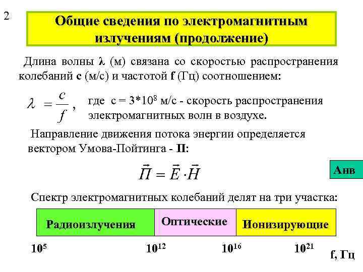 2 Общие сведения по электромагнитным излучениям (продолжение) Длина волны λ (м) связана со скоростью