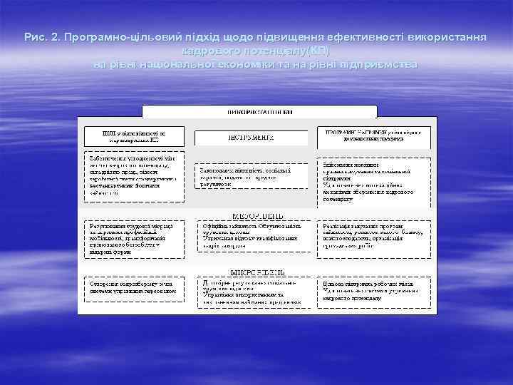 Рис. 2. Програмно-цільовий підхід щодо підвищення ефективності використання кадрового потенціалу(КП) на рівні національної економіки
