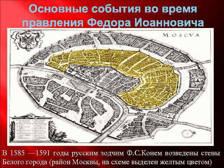 Основные события во время правления Федора Иоанновича В 1585 — 1591 годы русским зодчим