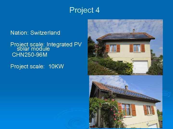 Project 4 Nation: Switzerland Project scale: Integrated PV solar module CHN 250 -96 M