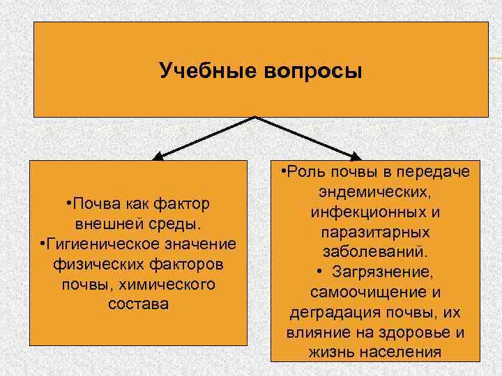 Учебные вопросы • Почва как фактор внешней среды. • Гигиеническое значение физических факторов почвы,