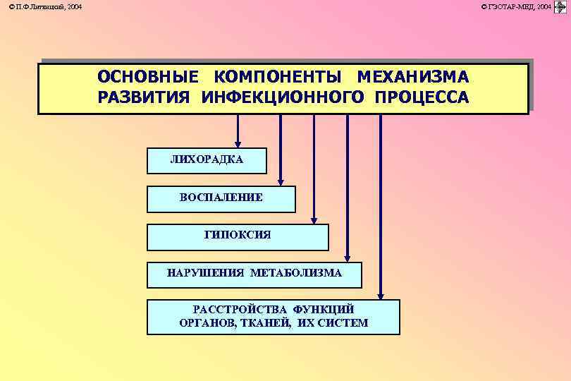 © П. Ф. Литвицкий, 2004 © ГЭОТАР-МЕД, 2004 ОСНОВНЫЕ КОМПОНЕНТЫ МЕХАНИЗМА РАЗВИТИЯ ИНФЕКЦИОННОГО ПРОЦЕССА