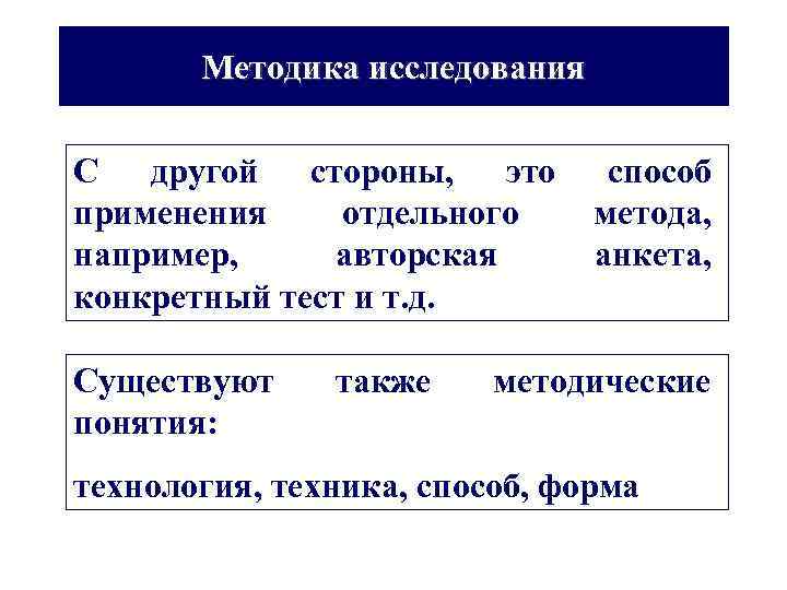 Методика исследования С другой стороны, это способ применения отдельного метода, например, авторская анкета, конкретный