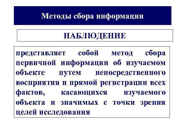 Методы сбора информации НАБЛЮДЕНИЕ представляет собой метод сбора первичной информации об изучаемом объекте путем