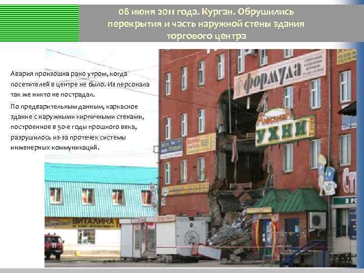08 июня 2011 года. Курган. Обрушились перекрытия и часть наружной стены здания торгового центра