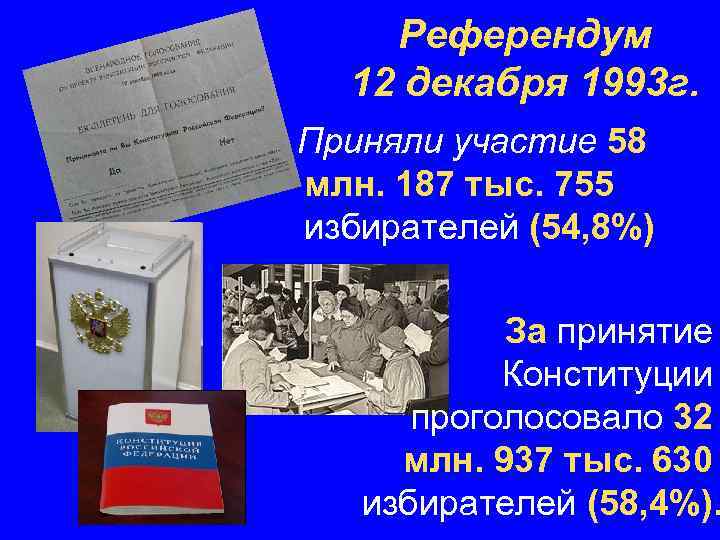 Референдум 12 декабря 1993 г. Приняли участие 58 млн. 187 тыс. 755 избирателей (54,