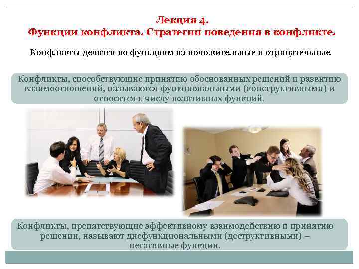 Лекция 4. Функции конфликта. Стратегии поведения в конфликте. Конфликты делятся по функциям на положительные